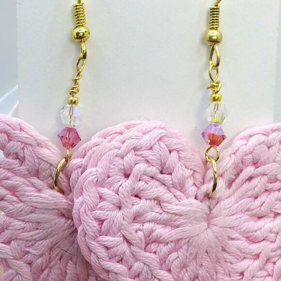 Artisan Pink Crochet Heart Earrings Statement Dangle Pink Swarovski Crystals NEW - Picture 4 of 6